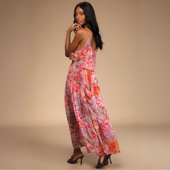 🦋Free People Juliana Tiered Flowy Abstract Chiffon Cherry Combo Maxi Dress🦋 - Picture 4 of 12